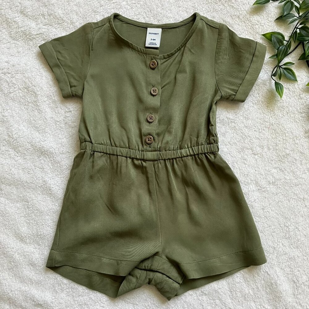 Old Navy Baby Romper 3-6M Olive Green Button Front Summer Outfit